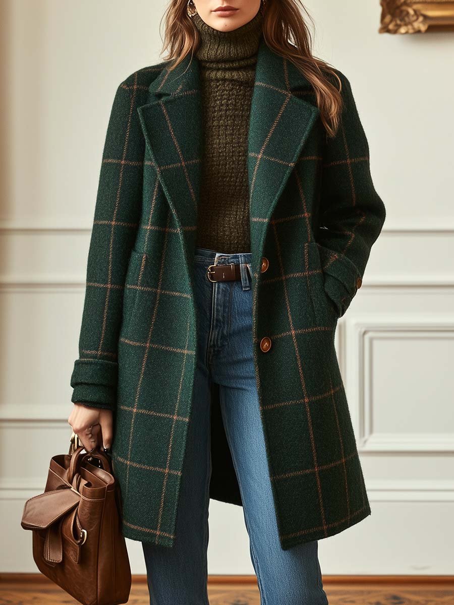 Lena™ Tweed Checkered Coat with Retro Lapels