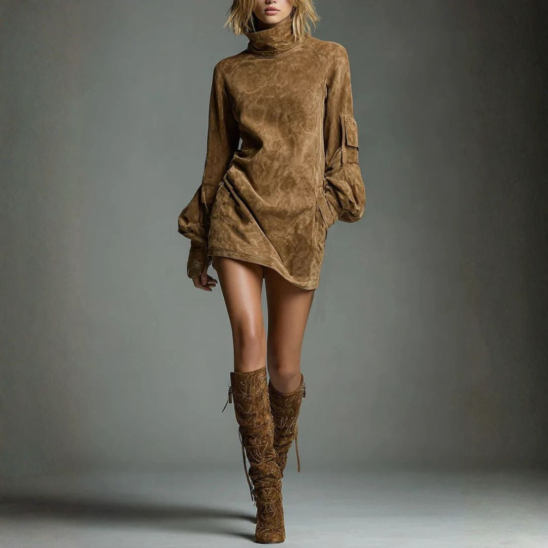 Lena&James™ | Loose Suede Mini Dress with High Collar