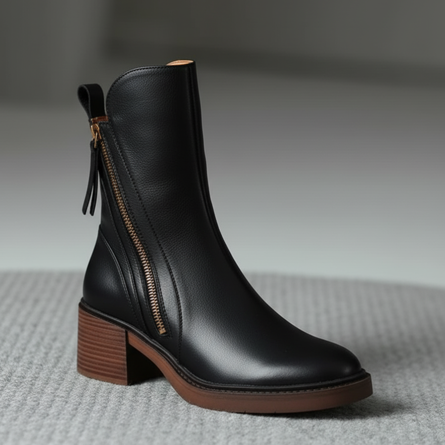 Valorine™ | Black leather boots with a comfortable heel, elegant and timeless
