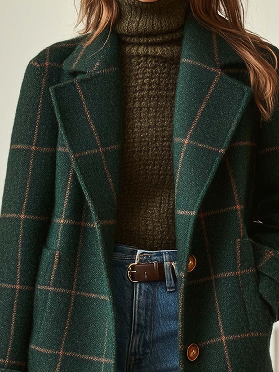 Lena™ Tweed Checkered Coat with Retro Lapels